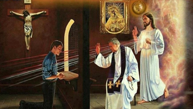 Confesión de pecados con sacerdote y Jesús